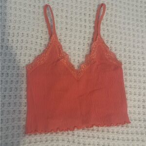 Forever 21 Ribbed Lace Trim Tank Top - Red